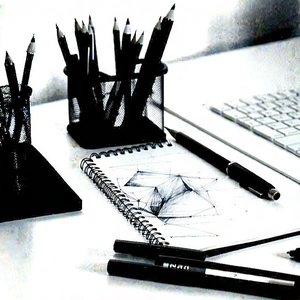 Business Charcoal Drawing: Workplace with (modern:1.29) office supplies on desk