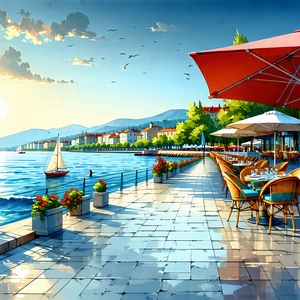 Urban Digital Illustration: Waterfront Promenade With Outdoor Dining With Beautiful Beach