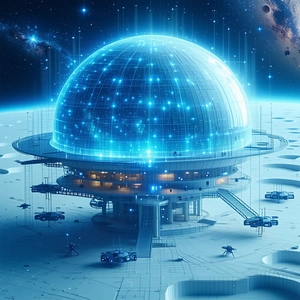 In This Image, There Is A Futuristic Space Station With A Large Dome-shaped Structure