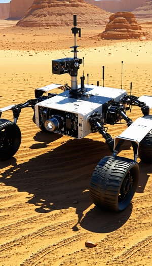 A White Robot Is Sitting On A Sandy Surface, Possibly In A Desert