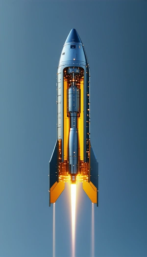 A Rocket Is Shown In A Close-up View, With Its Engine Lit Up