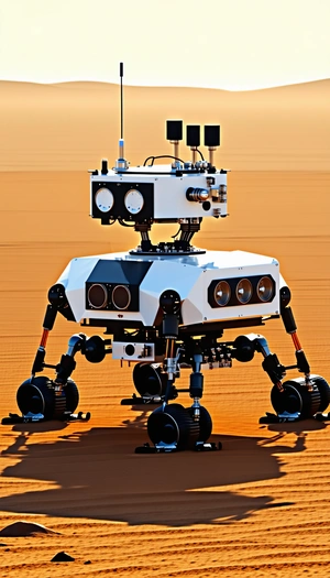 A White Robot Standing On A Sandy Surface, Possibly A Desert