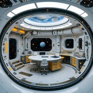 In This Image, There Is A Large, White, And Futuristic Space Station With A Round Window