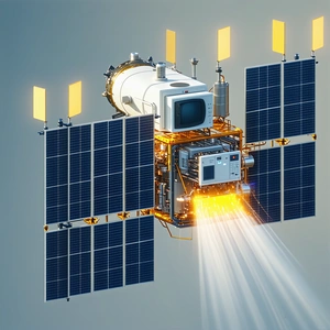 A Spacecraft Is Shown In A Close-up View, With Its Solar Panels And Antennae Clearly Visible
