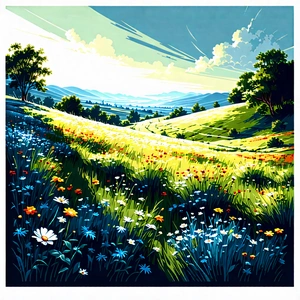 Nature Woodcut Print: Meadow During Midday With Painting Lush