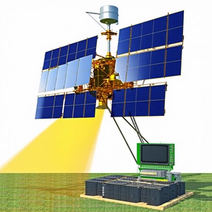 A Large Satellite Dish With A Television Monitor Attached To It
