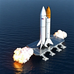 A Large Rocket Ship Floating On Top Of A Platform In The Ocean