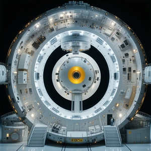 The Image Is A Black And White Photo Of A Large, Round, White Structure With A Hole In The Center