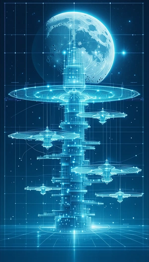In This Image, There Is A Large Blue Structure With A Moon On Top