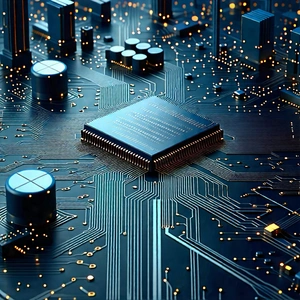 Tech Digital Art: Circuit board with data streams