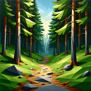 Nature Low Poly: Path Through Pine Forest With Image, There