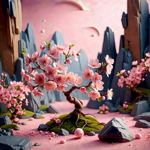 Nature Diagram Style: Cherry Blossoms In Rocky Terrain With Beautifully Painted