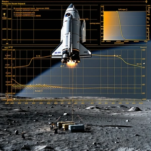 A Space Shuttle Is Shown In A Computer Simulation, Flying Over A Moon-like Surface