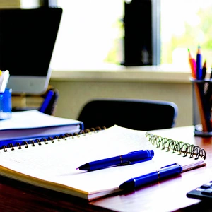 Business Tilt-shift Photography: Workplace With Notebooks And Pens On Desk With Desk Variety