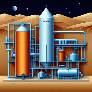 The Image Is A Cartoon Drawing Of A Factory With A Large Blue Tower In The Center