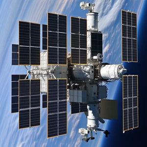 A Large Space Station With A Prominent Solar Panel Array On Its Side