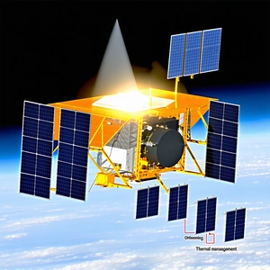 A Small Spacecraft With A Solar Panel On Its Side, Floating In The Sky