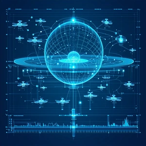 A Blue And White Globe Is Surrounded By A Group Of Blue And White Drones
