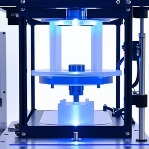 A Blue And White Machine With A Circular Object On Top Of It