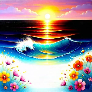 Nature Gouache Painting: Ocean Waves Surrounded By Wildflowers With Beautiful Painting