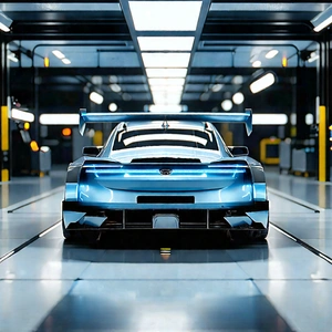 Automotive Technology In Manufacturing Facility With Blue Sports