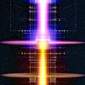 The Image Is A Futuristic Scene With A Large, Colorful, And Brightly Lit Tower In The Center