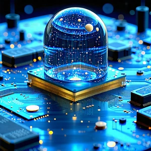 Tech Macro Photography: Quantum Computer With Data Streams With Blue Sphere