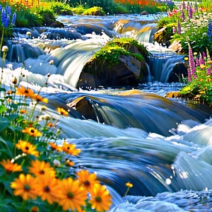 Nature Hdr Photography: Rushing River Surrounded By Wildflowers With Beautiful Waterfall