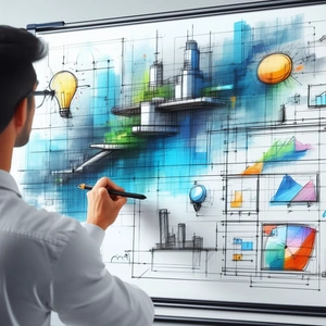 Business Technical Illustration: Creative professional using digital whiteboard