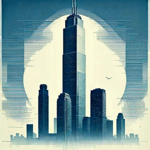 Urban Woodcut Print: Skyscraper With Minimalist Design With Blue White