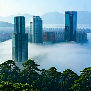 Urban Architectural Photography: Cityscape Of Modern Metropolis During Foggy Morning With City Skyline