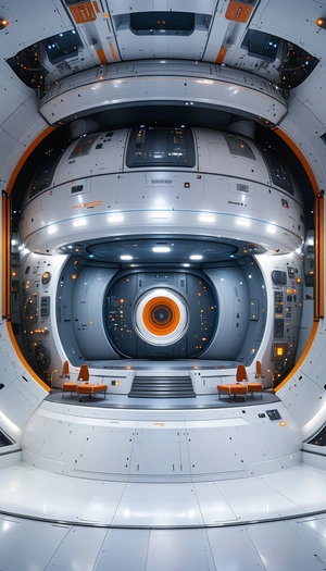 The Image Is A Futuristic Space Station With A Large, Round, Open Area In The Center