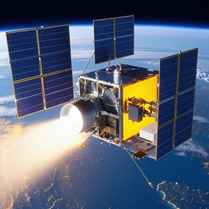 A Spacecraft With A Large Engine On The Bottom, Flying Through The Sky