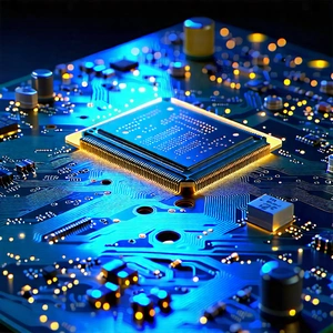 Tech Ink Drawing: Circuit Board With Holographic Projection With Close-up Computer