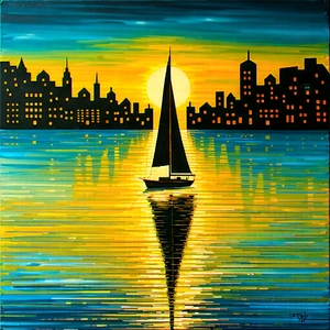 Urban Acrylic Painting: Cityscape of small town during sunrise