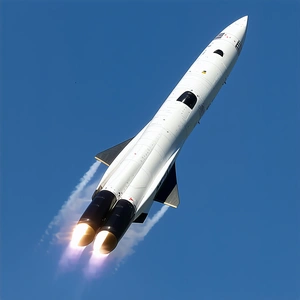 A White Rocket Is Flying Through The Sky, Leaving A Trail Of Smoke Behind It