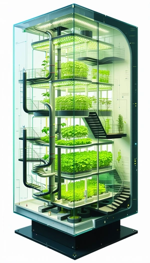 In The Image, There Is A Large, Multi-level Greenhouse Filled With Various Plants