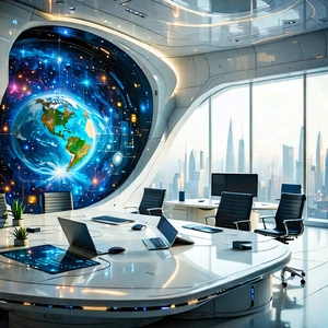 Tech Acrylic Painting: (futuristic:1.17) Tech Startup Office With Image, There
