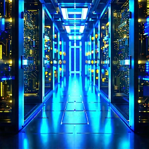 Quantum Computer With Blue Light Glow With Image, There