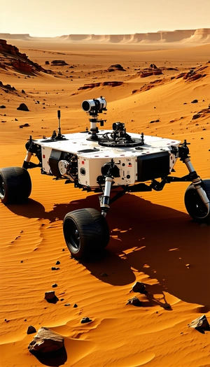A White And Black Robotic Vehicle, Possibly A Rover, Driving Across A Sandy Terrain