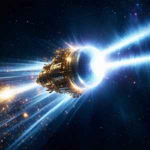 In The Image, There Is A Large Spaceship With A Blue Light On It, Flying Through The Night Sky