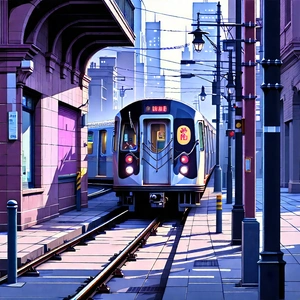 Urban Technical Illustration: (city:1.19) Subway In Quiet Side Street With Train Traveling