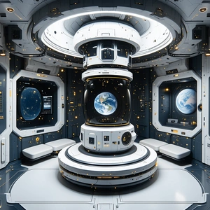 In This Image, There Is A Large White Spacecraft With A Dome-shaped Structure On Top Of It