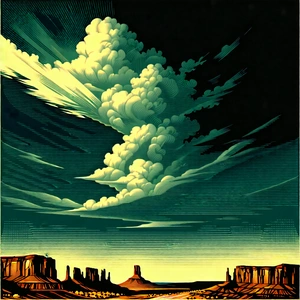 Nature Woodcut Print: (dramatic:1.16) Clouds Over Canyon Floor With Painting Cloudy