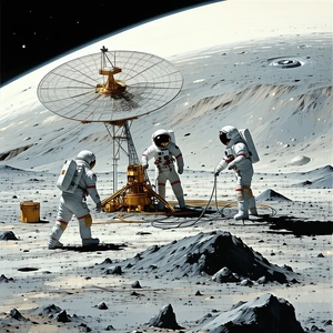In This Image, There Are Three Astronauts On The Moon, Working On A Large Satellite Dish