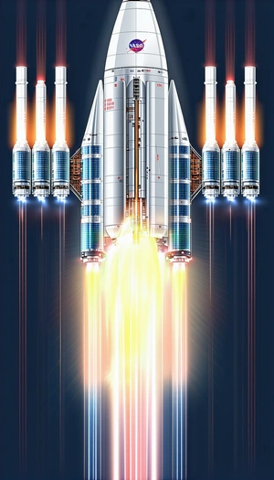 A Rocket Is Shown In A Space Scene, With Its Boosters Lit Up