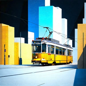 Urban Low Poly: City Tram In Financial District With Yellow Train