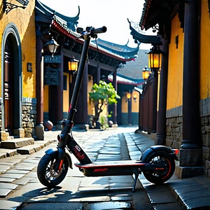 Urban Vector Art: City Electric Scooter In Historic Quarter With Small, Two-wheeled