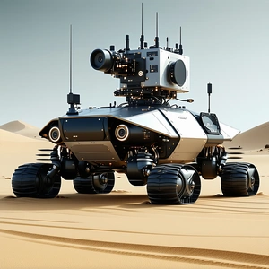 A Large Robotic Vehicle Is Sitting In A Sandy Area, Possibly A Desert