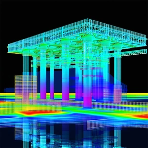 The Image Is A 3d Model Of A Building, Likely A Bridge, With A Blue Background